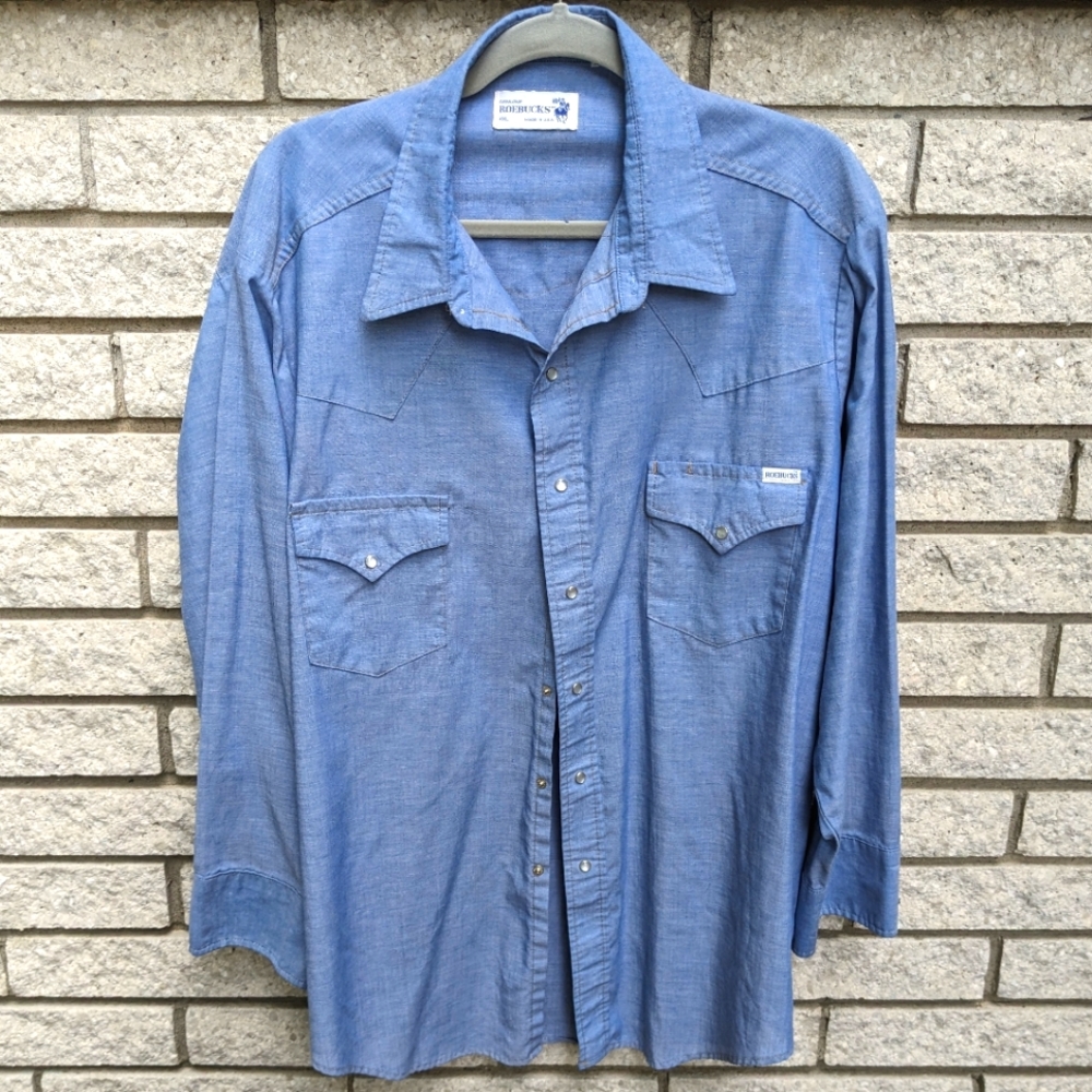 1970s Genuine Roebucks Western Snap Button Cowboy Rodeo Shirt VTG XXL Blue Denim